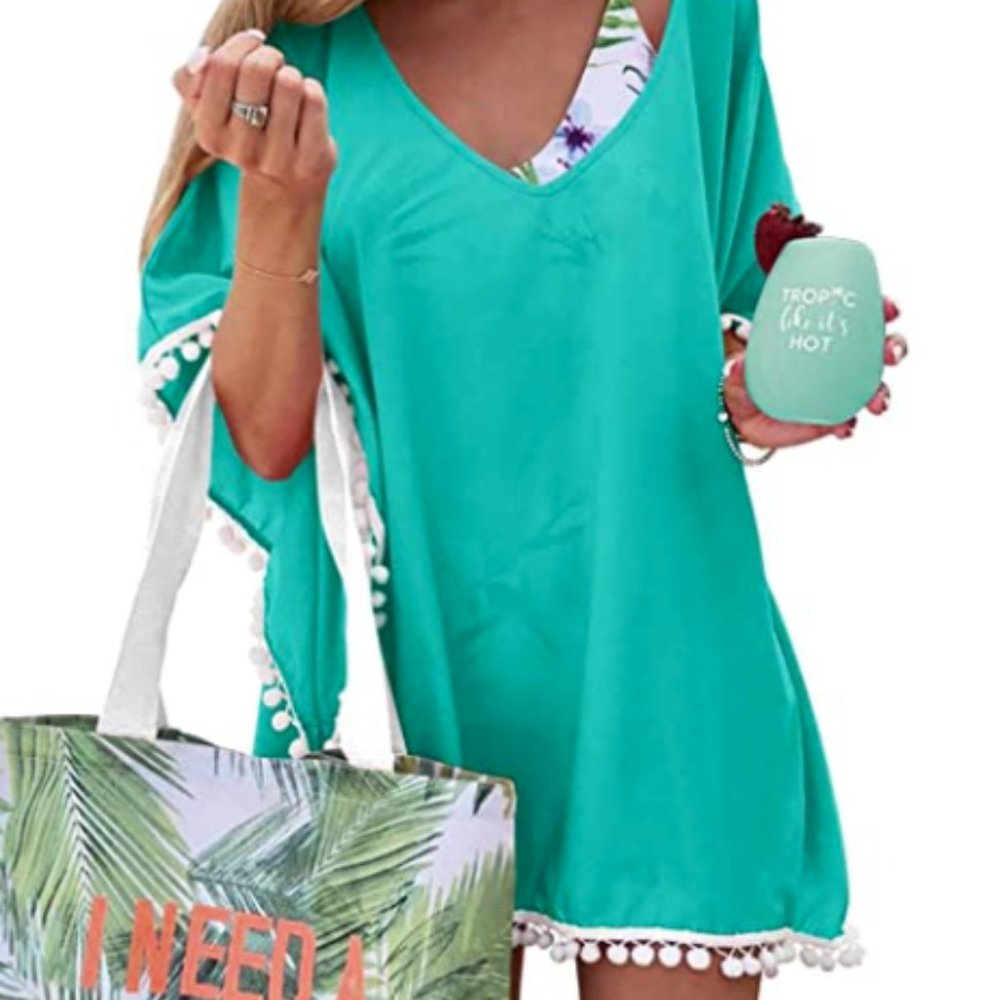 Pom Pom  Relaxed Chiffon Swimwear Beach Cover Up